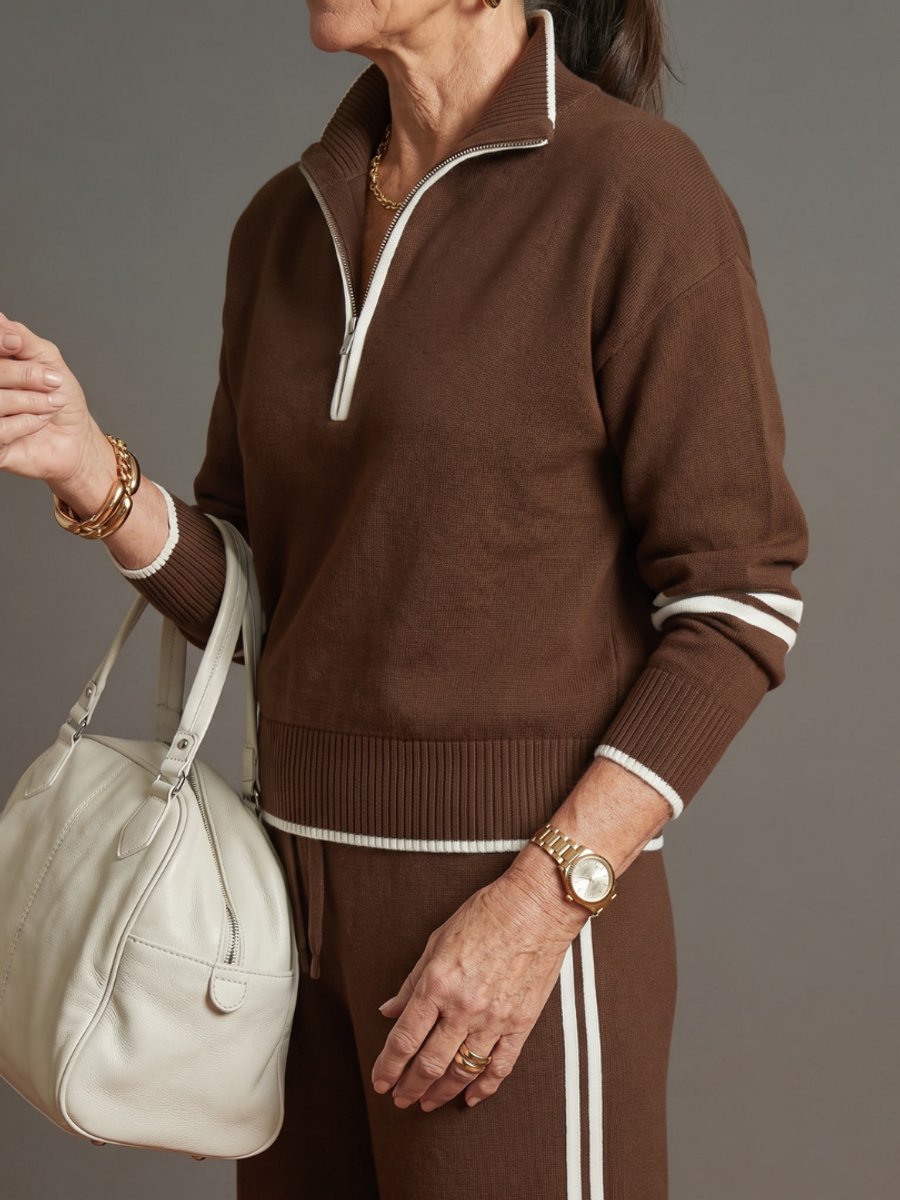 Rosie | Women's Knitted Quarter-Zip Wide-Leg Stripe Loungewear Set