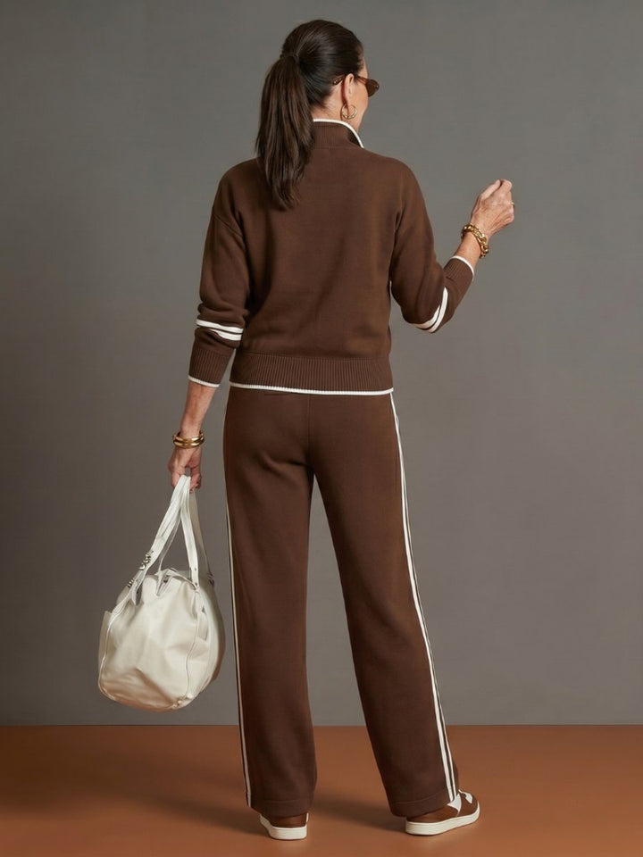 Rosie | Women's Knitted Quarter-Zip Wide-Leg Stripe Loungewear Set