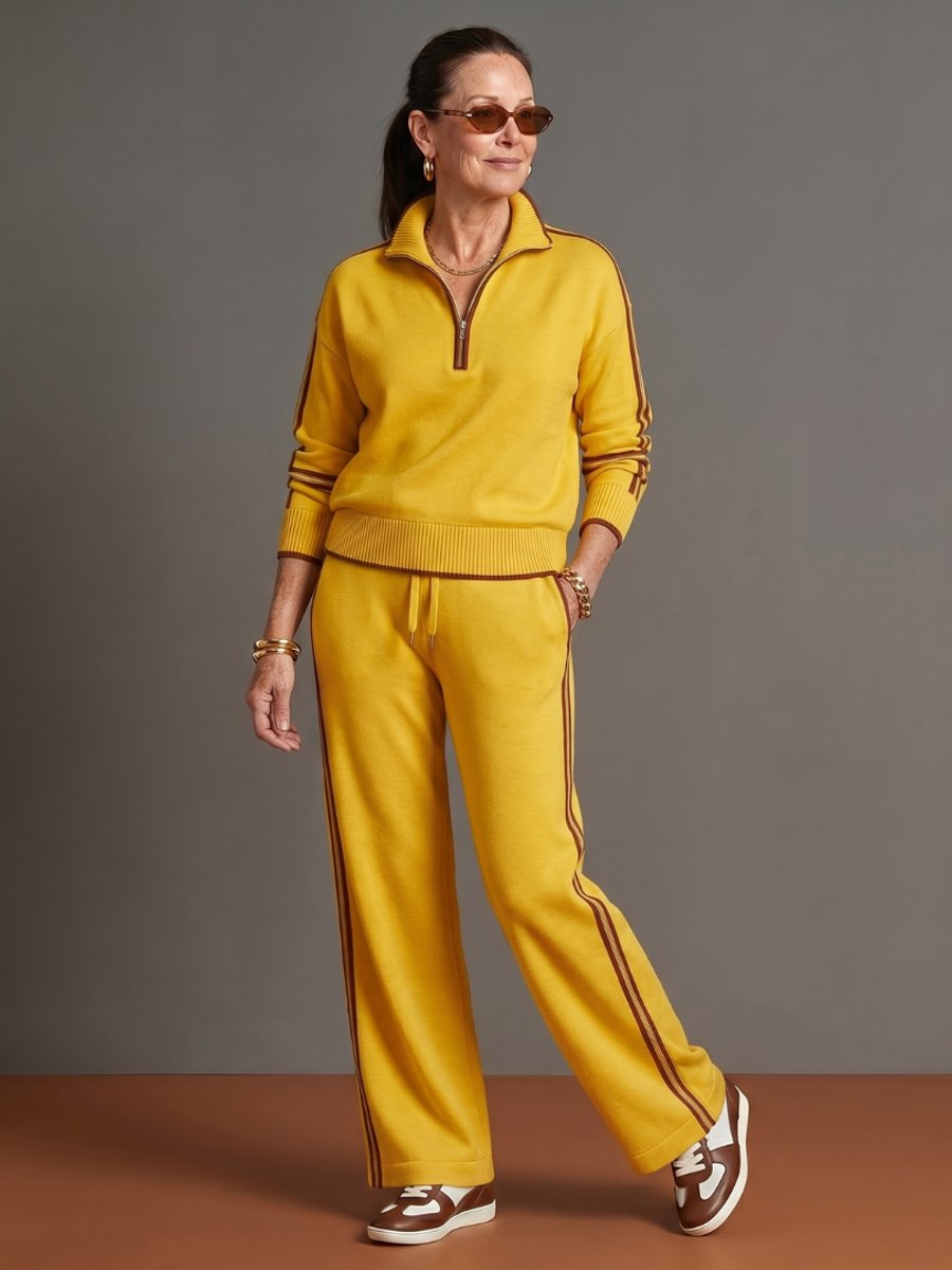 Rosie | Women's Knitted Quarter-Zip Wide-Leg Stripe Loungewear Set