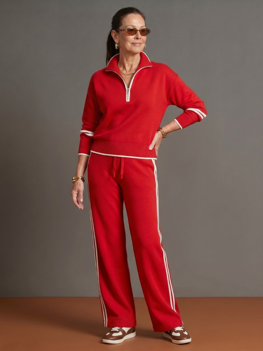 Rosie | Women's Knitted Quarter-Zip Wide-Leg Stripe Loungewear Set