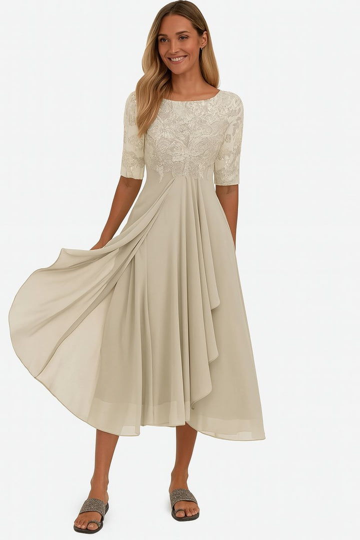 Evelyn | Women's Lace Bodice Chiffon Midi Party Dress A-Line