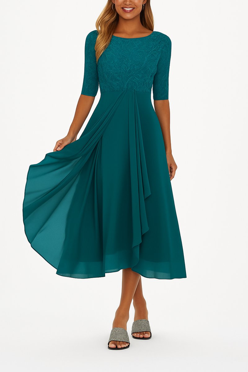 Evelyn | Women's Lace Bodice Chiffon Midi Party Dress A-Line