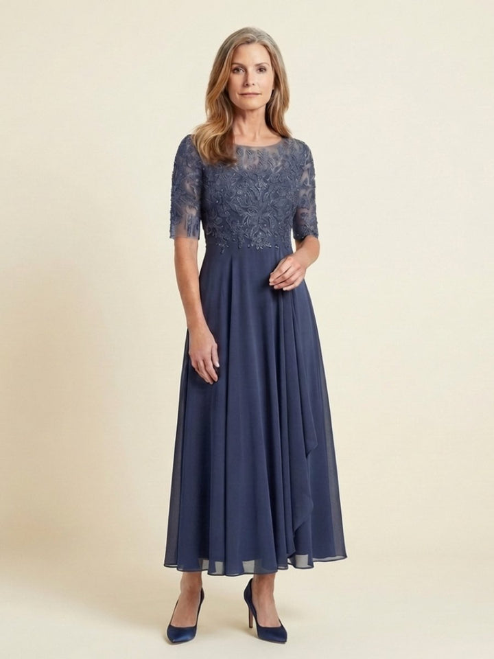 Aria | Women's Lace Bodice Midi Christmas Party Dress Sheer Sleeve