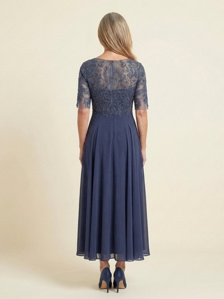 Aria | Women's Lace Bodice Midi Christmas Party Dress Sheer Sleeve