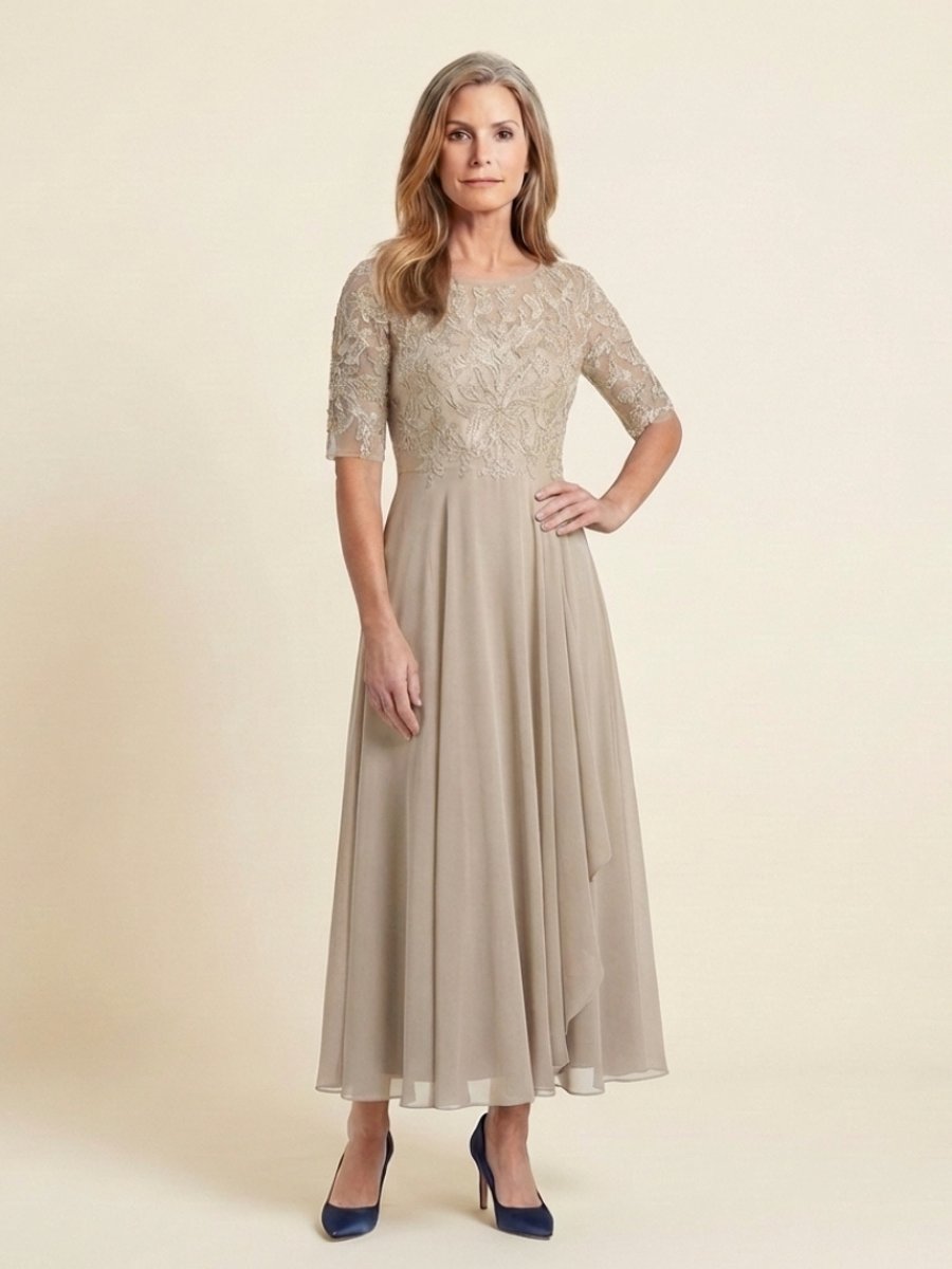 Aria | Women's Lace Bodice Midi Christmas Party Dress Sheer Sleeve