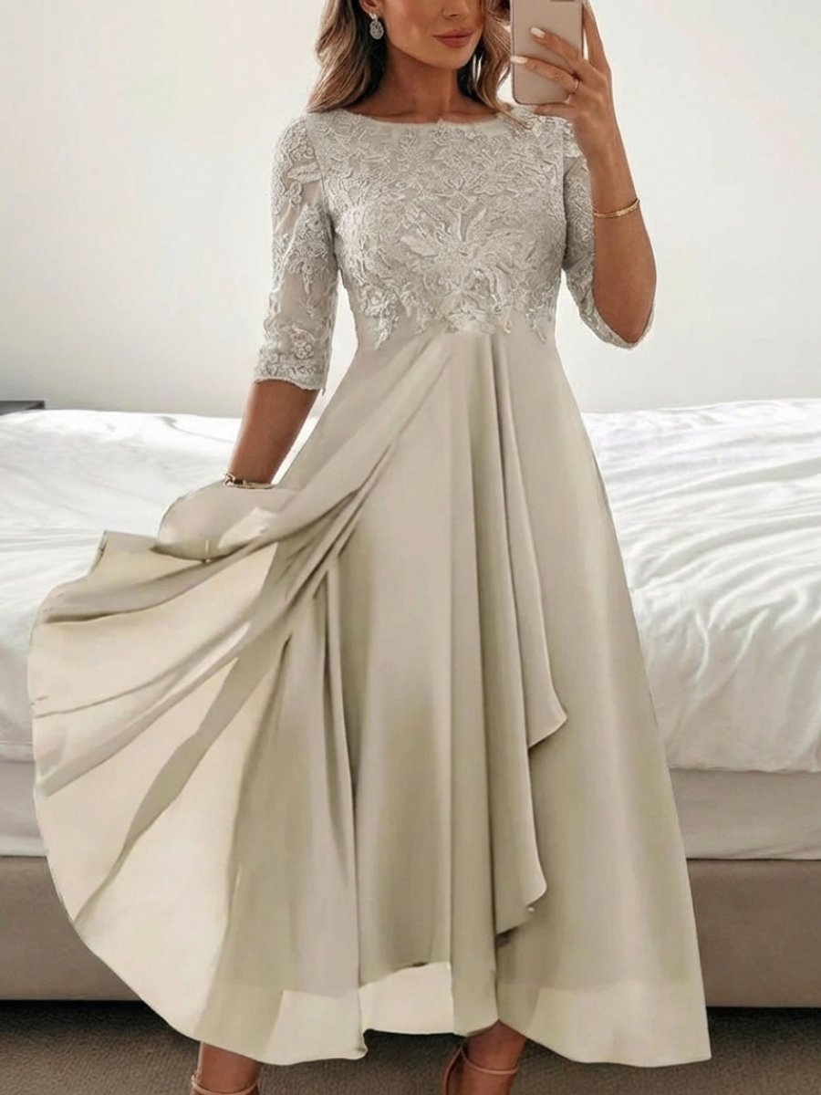 Aria | Women's Lace Bodice Midi Christmas Party Dress Sheer Sleeve