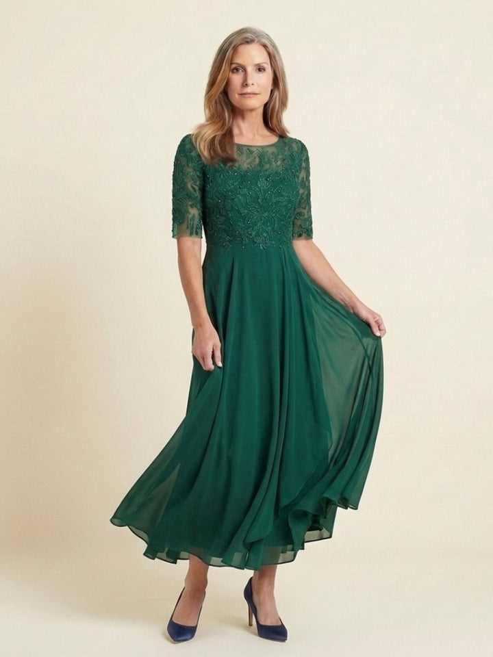 Aria | Women's Lace Bodice Midi Christmas Party Dress Sheer Sleeve