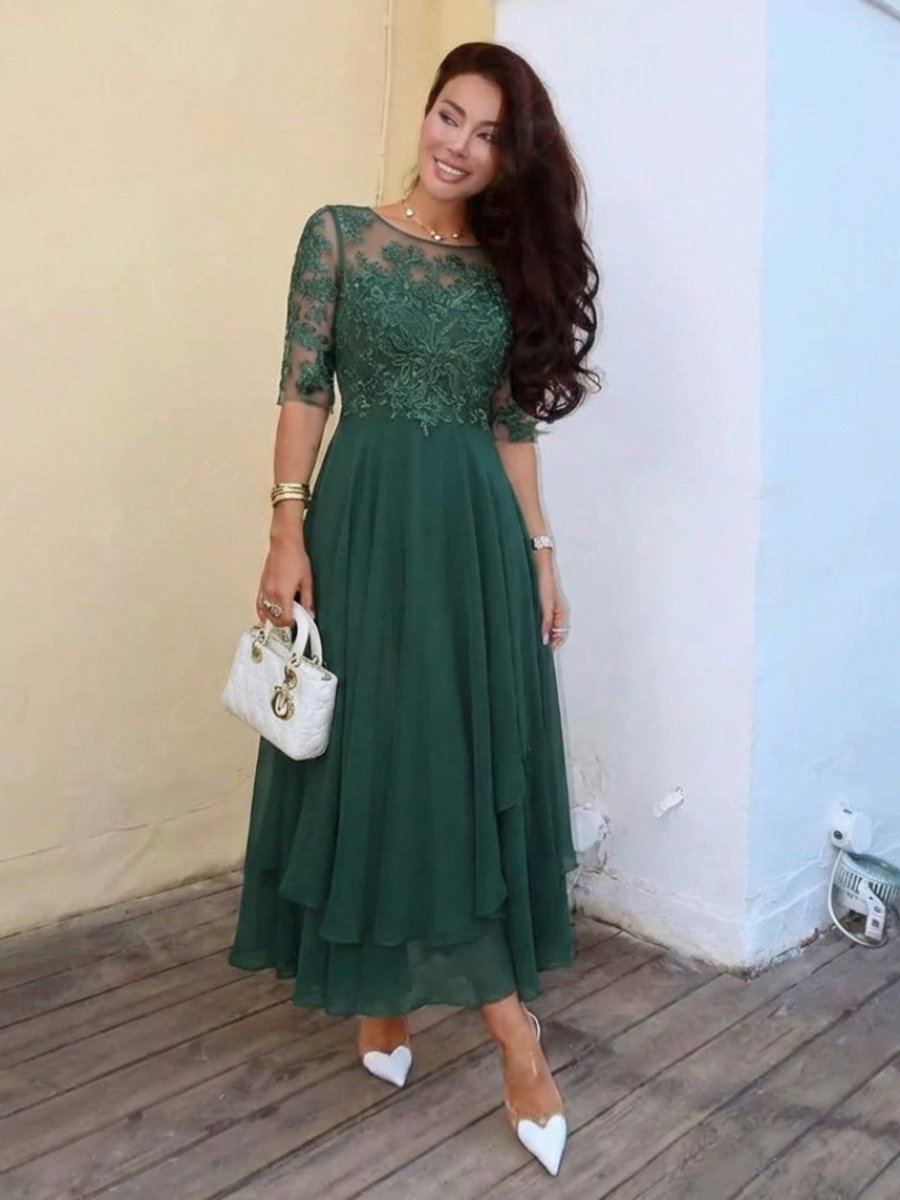 Aria | Women's Lace Bodice Midi Christmas Party Dress Sheer Sleeve
