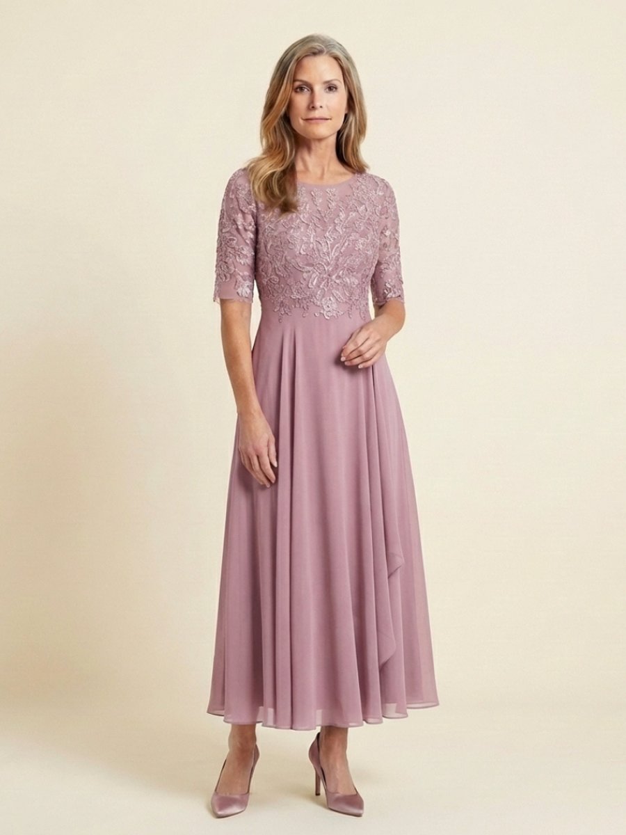Aria | Women's Lace Bodice Midi Christmas Party Dress Sheer Sleeve