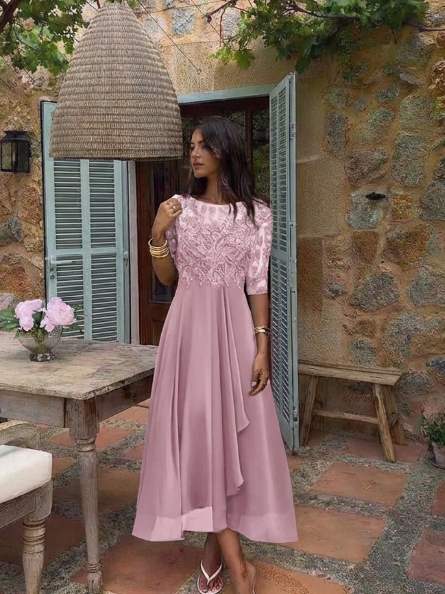 Aria | Women's Lace Bodice Midi Christmas Party Dress Sheer Sleeve
