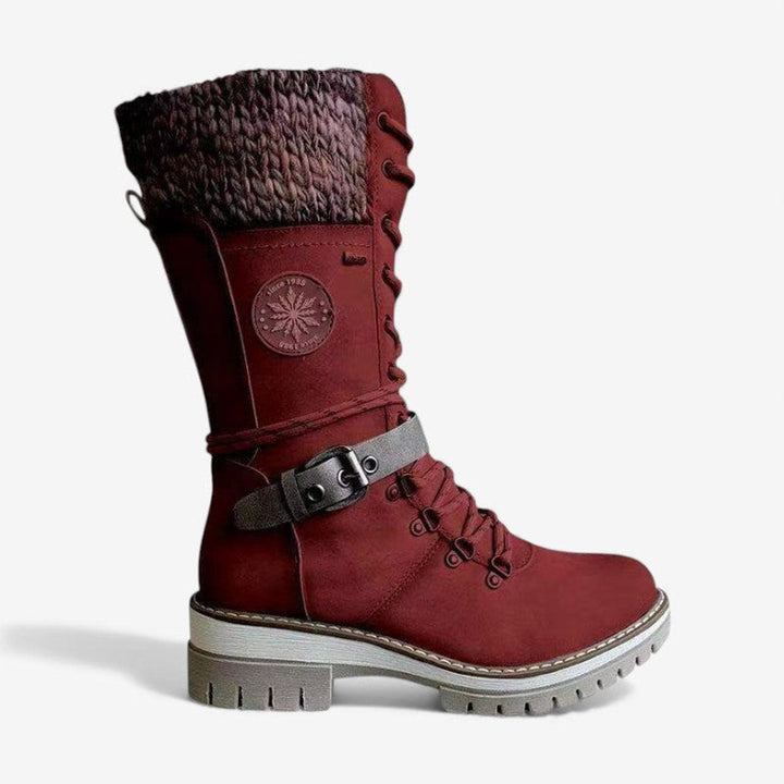 Ella | Women's Lace-Up Knee-High Boots Knit Cuff PU Leather