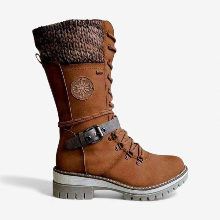 Ella | Women's Lace-Up Knee-High Boots Knit Cuff PU Leather