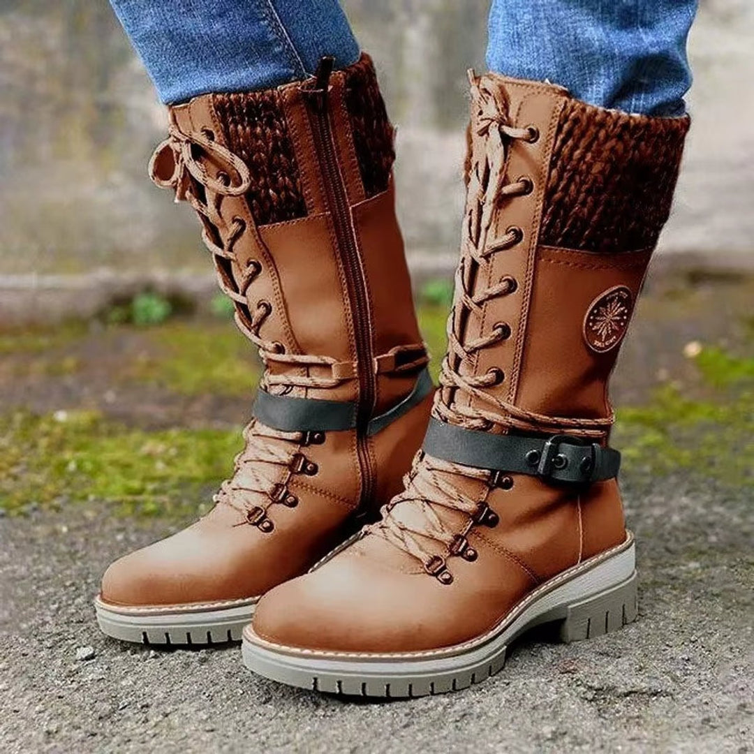 Ella | Women's Lace-Up Knee-High Boots Knit Cuff PU Leather