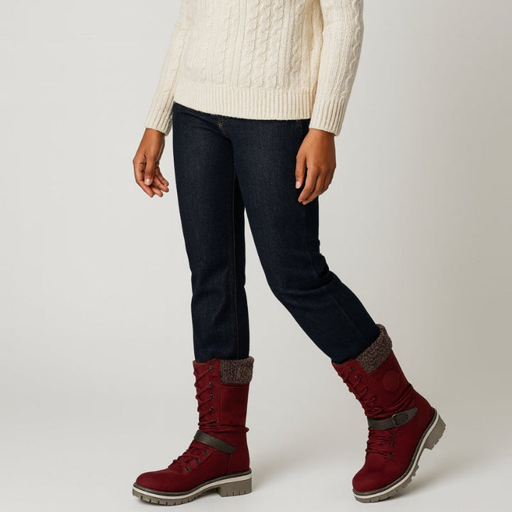 Ella | Women's Lace-Up Knee-High Boots Knit Cuff PU Leather