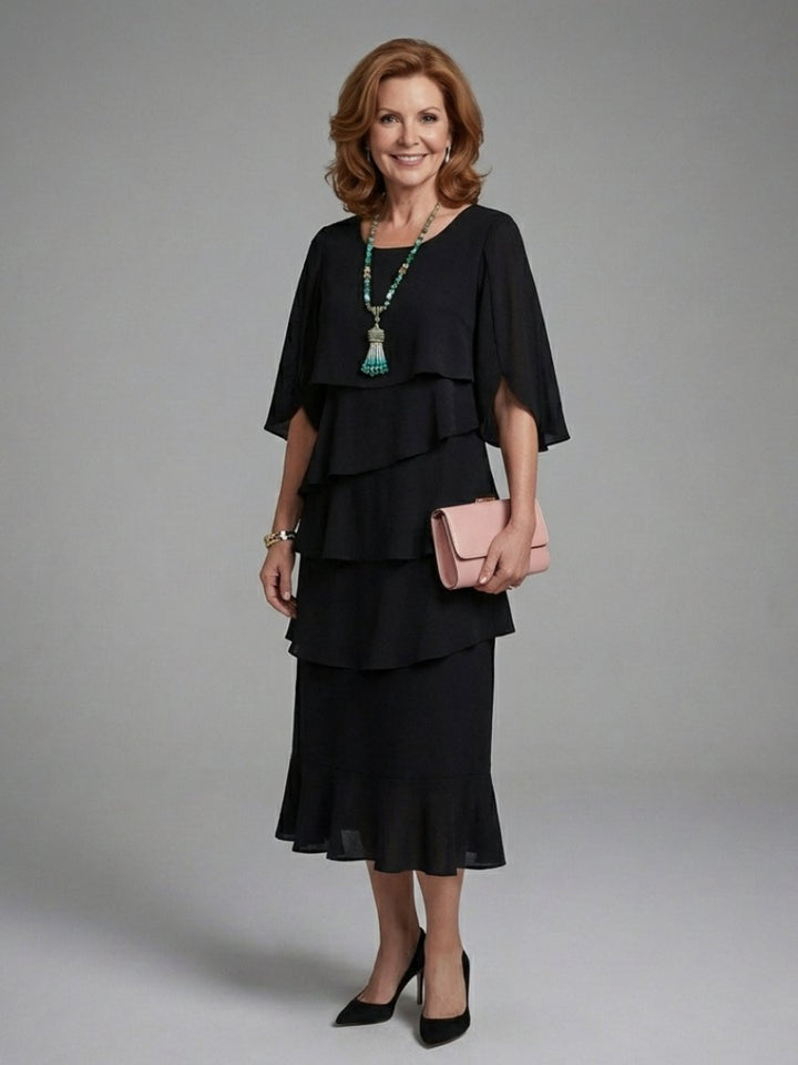 Freya | Women's Layered Midi Party Dress Cape Sleeve Tiered Relaxed Fit