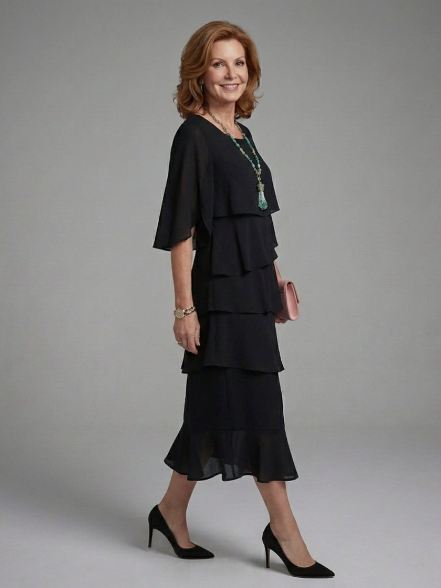 Freya | Women's Layered Midi Party Dress Cape Sleeve Tiered Relaxed Fit