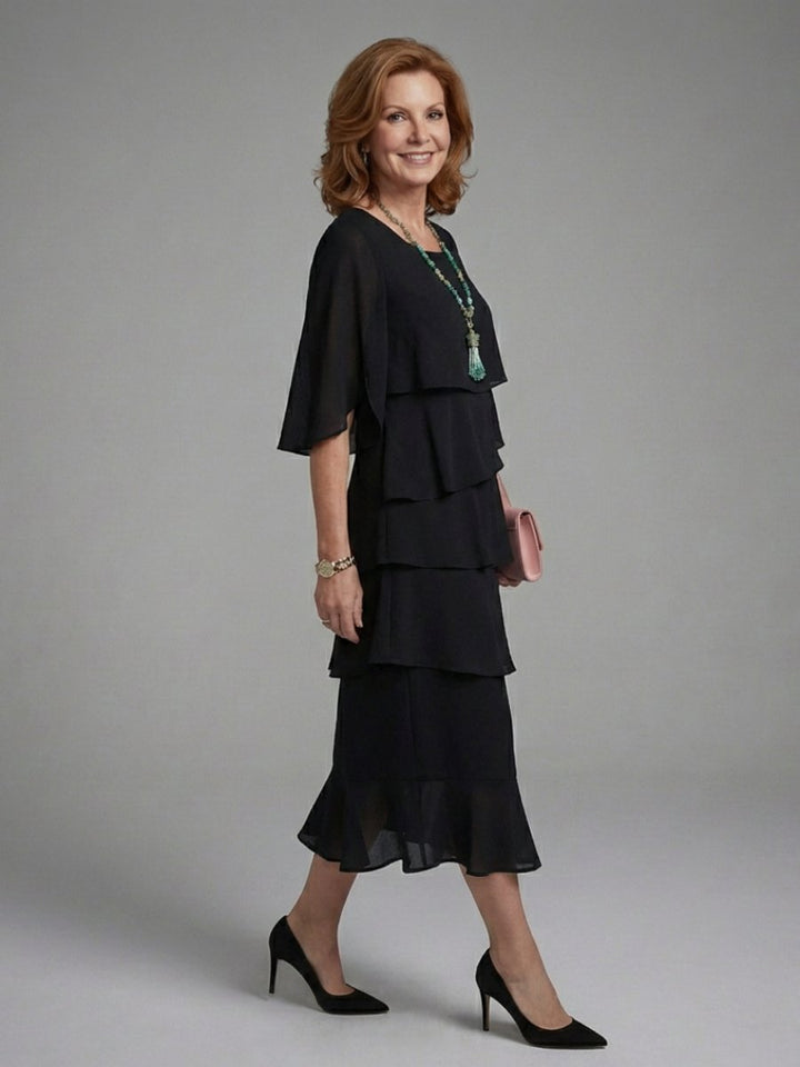 Freya | Women's Layered Midi Party Dress Cape Sleeve Tiered Relaxed Fit
