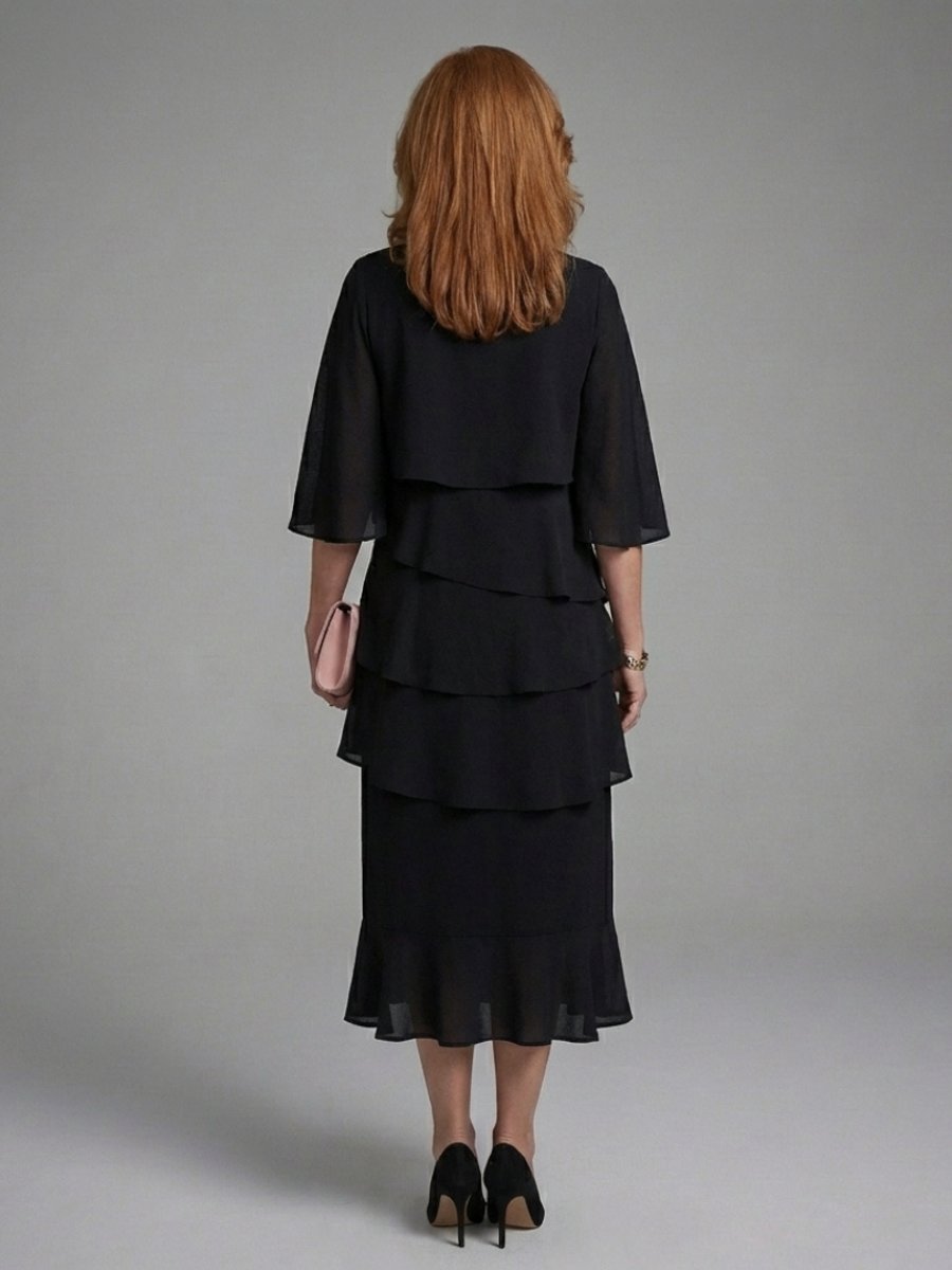 Freya | Women's Layered Midi Party Dress Cape Sleeve Tiered Relaxed Fit