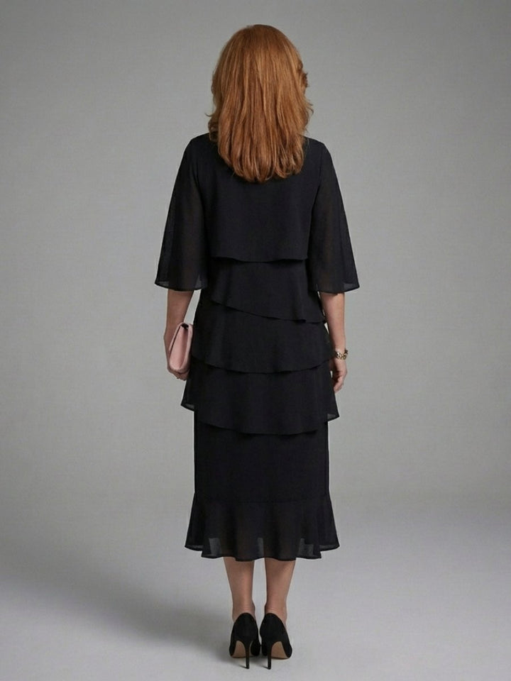 Freya | Women's Layered Midi Party Dress Cape Sleeve Tiered Relaxed Fit