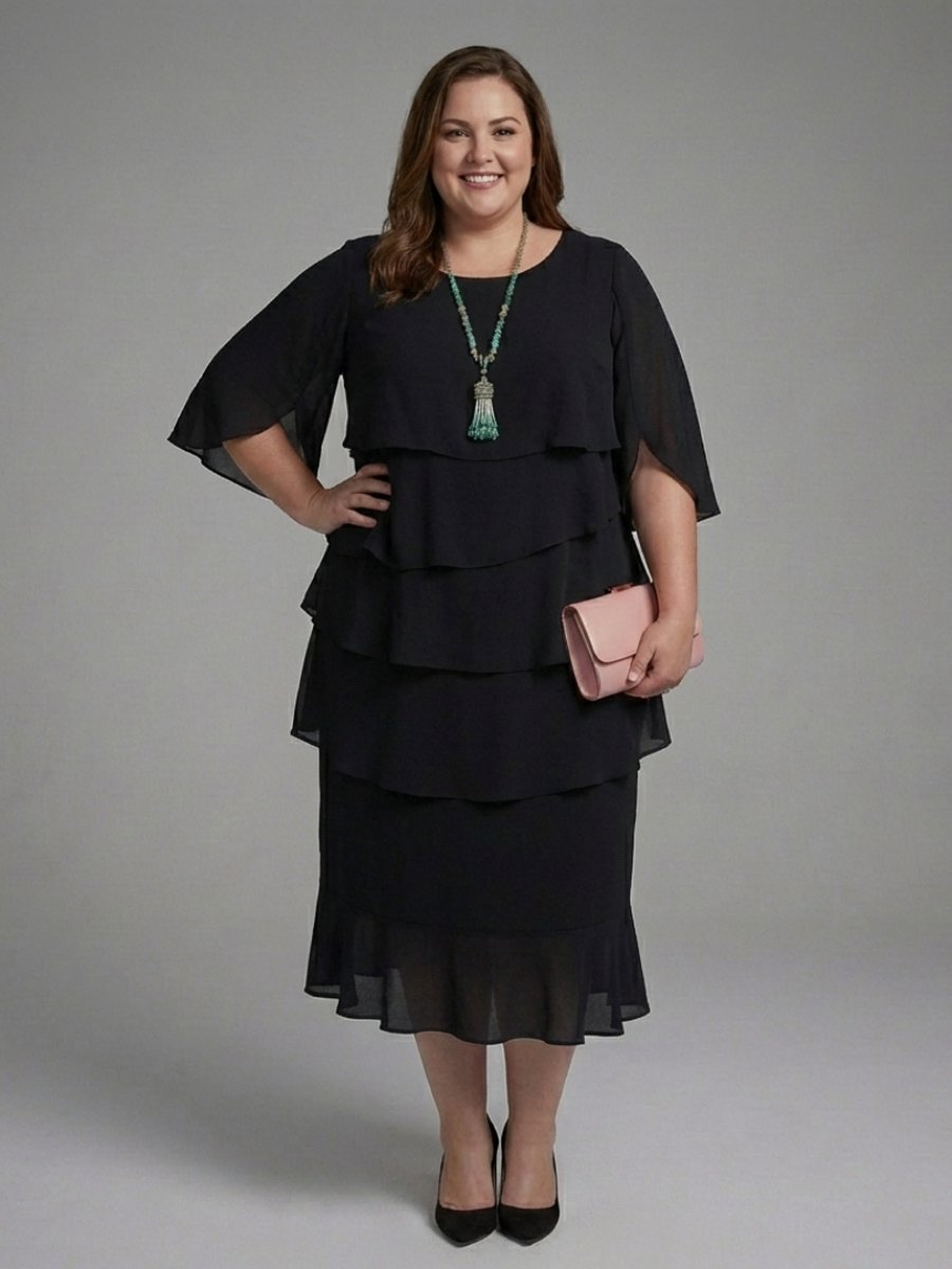 Freya | Women's Layered Midi Party Dress Cape Sleeve Tiered Relaxed Fit