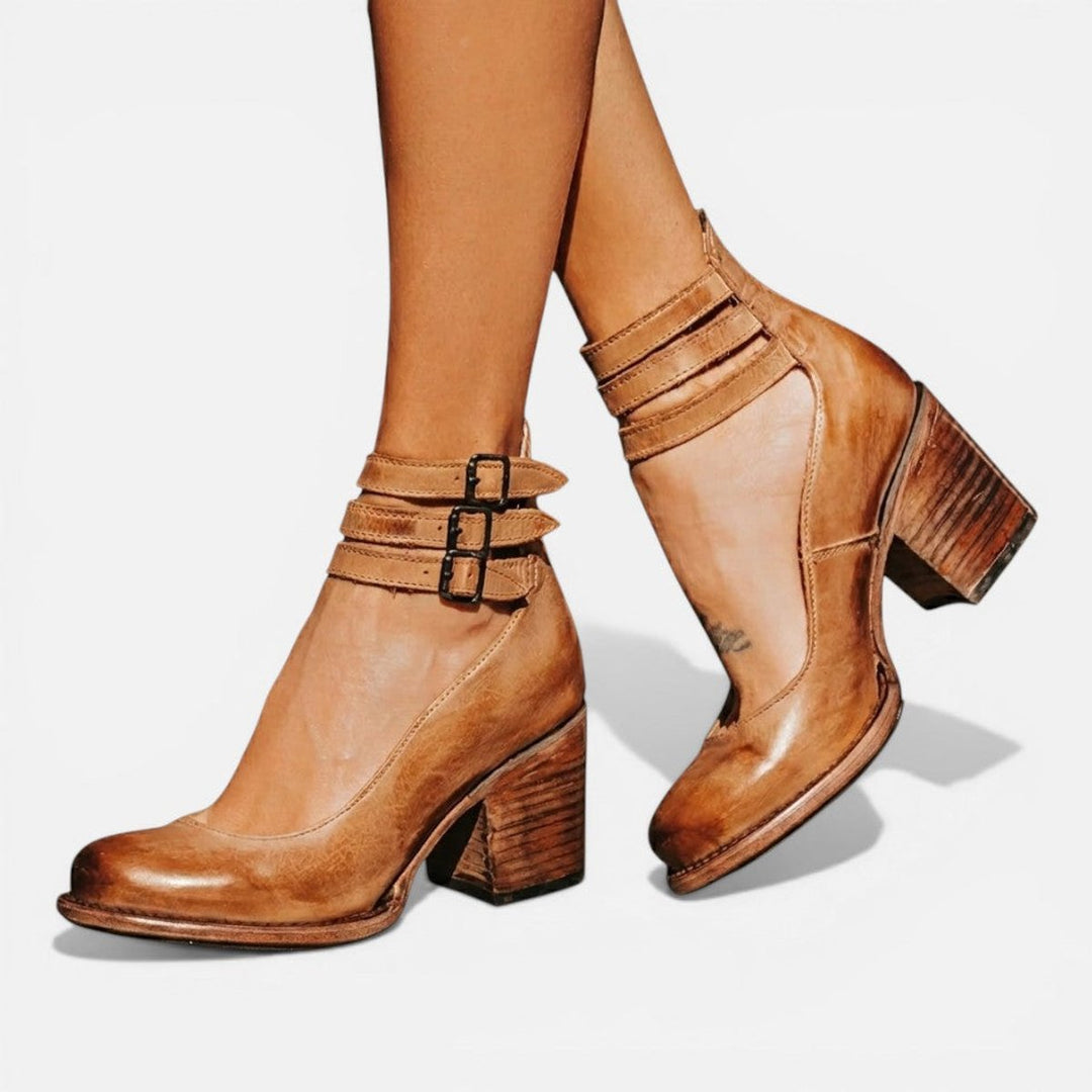 Phoebe | Women's Leather Block-Heel Ankle Boots Double Buckle Strap