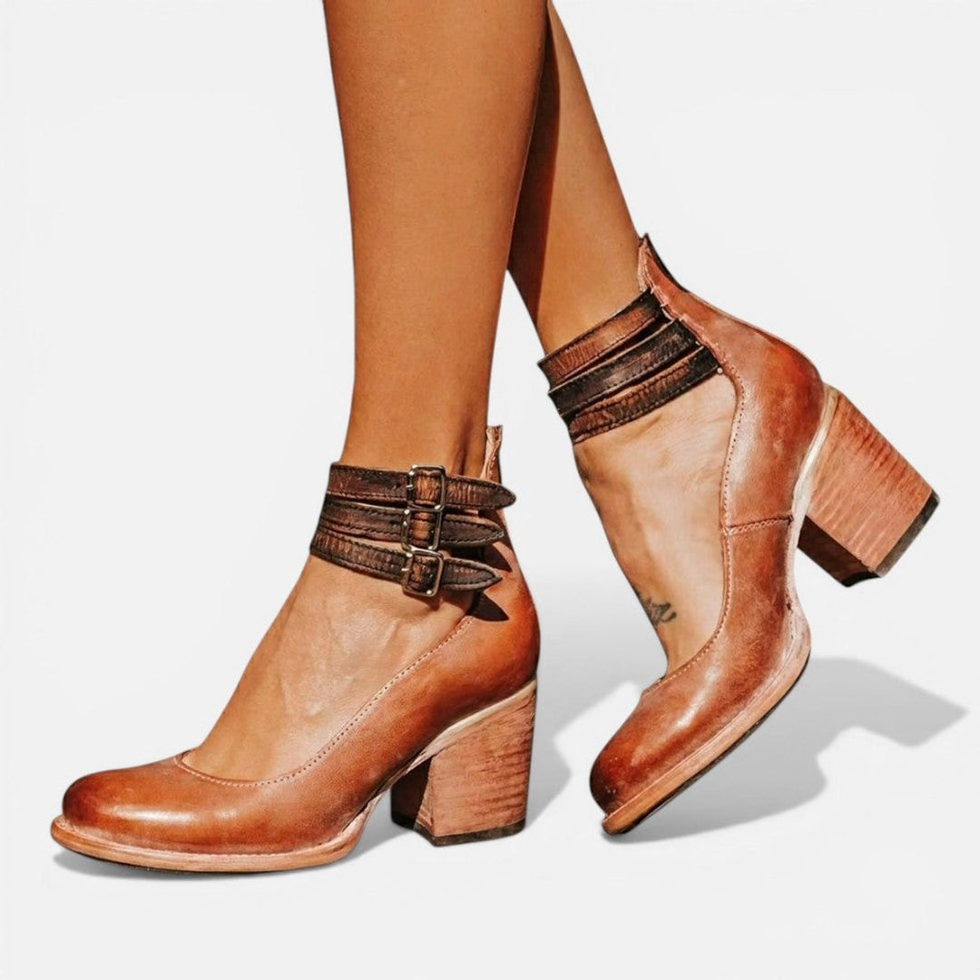 Phoebe | Women's Leather Block-Heel Ankle Boots Double Buckle Strap