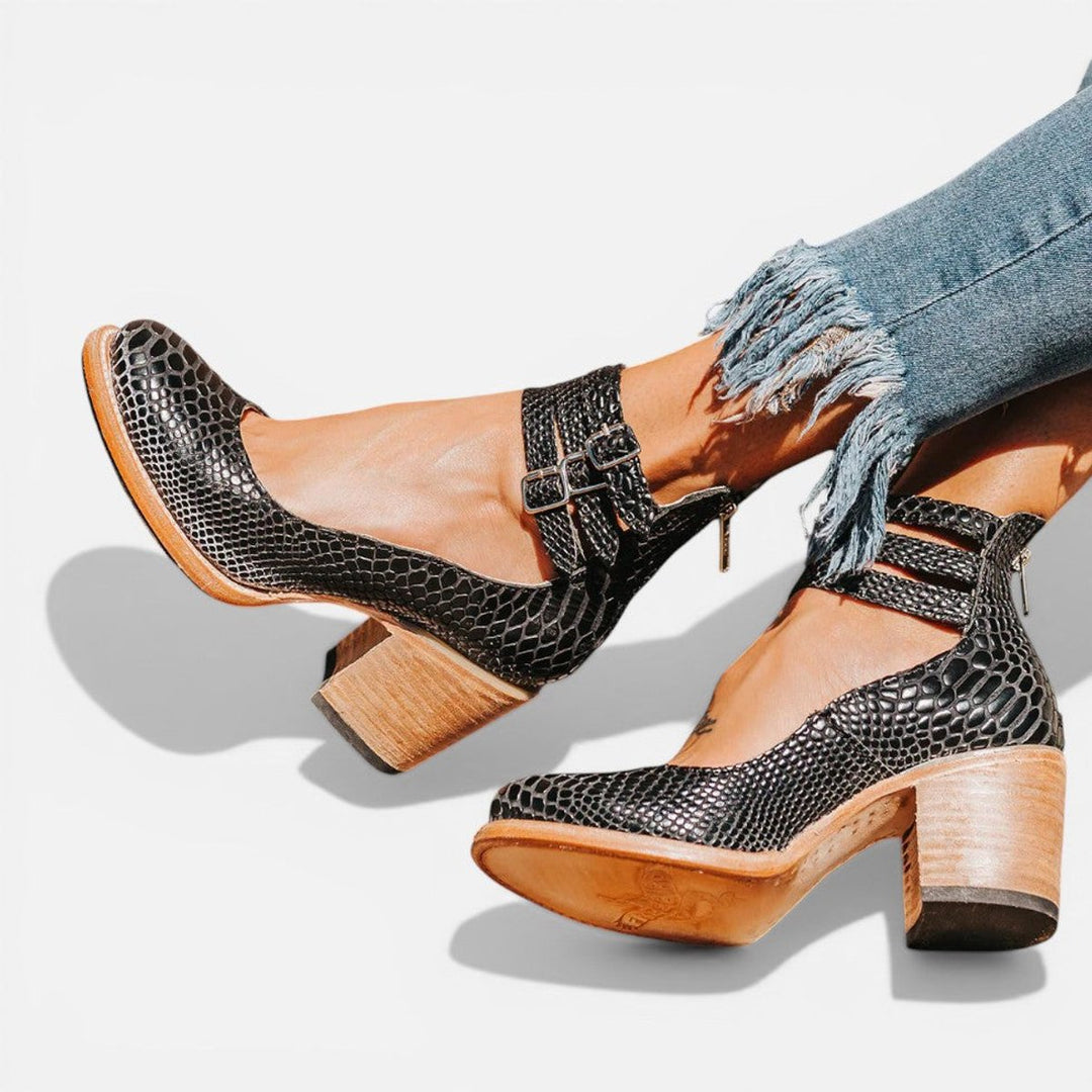 Phoebe | Women's Leather Block-Heel Ankle Boots Double Buckle Strap
