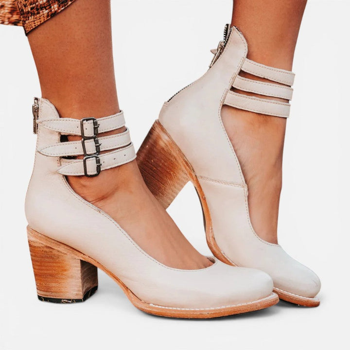 Phoebe | Women's Leather Block-Heel Ankle Boots Double Buckle Strap