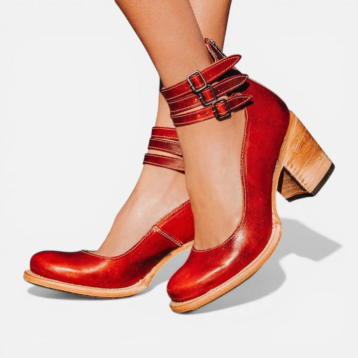 Phoebe | Women's Leather Block-Heel Ankle Boots Double Buckle Strap