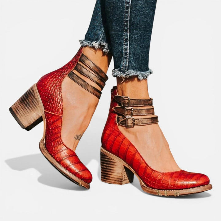Phoebe | Women's Leather Block-Heel Ankle Boots Double Buckle Strap