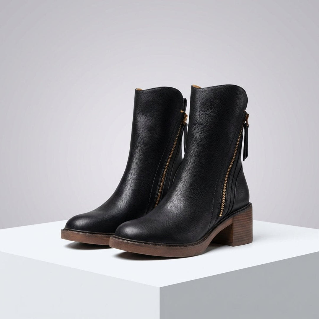 Ella | Women's Leather Block-Heel Ankle Boots Side-Zip