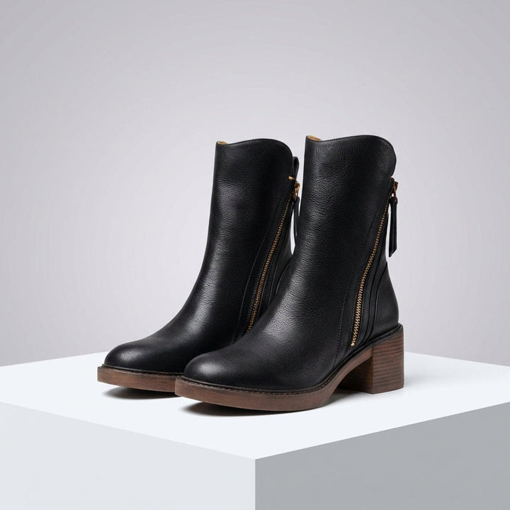 Ella | Women's Leather Block-Heel Ankle Boots Side-Zip
