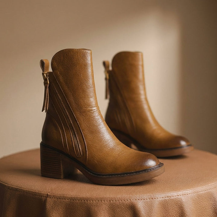 Ella | Women's Leather Block-Heel Ankle Boots Side-Zip