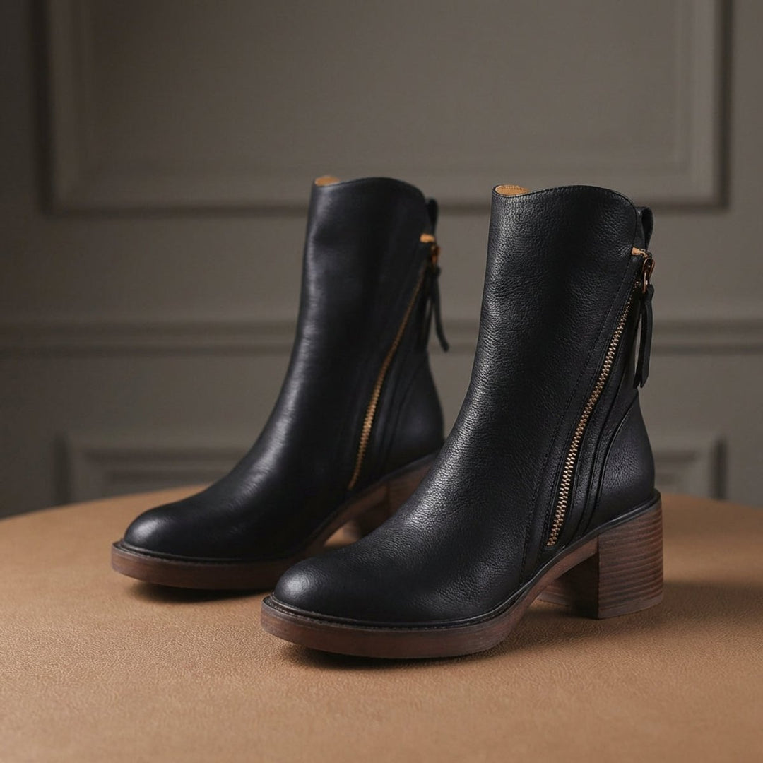 Ella | Women's Leather Block-Heel Ankle Boots Side-Zip