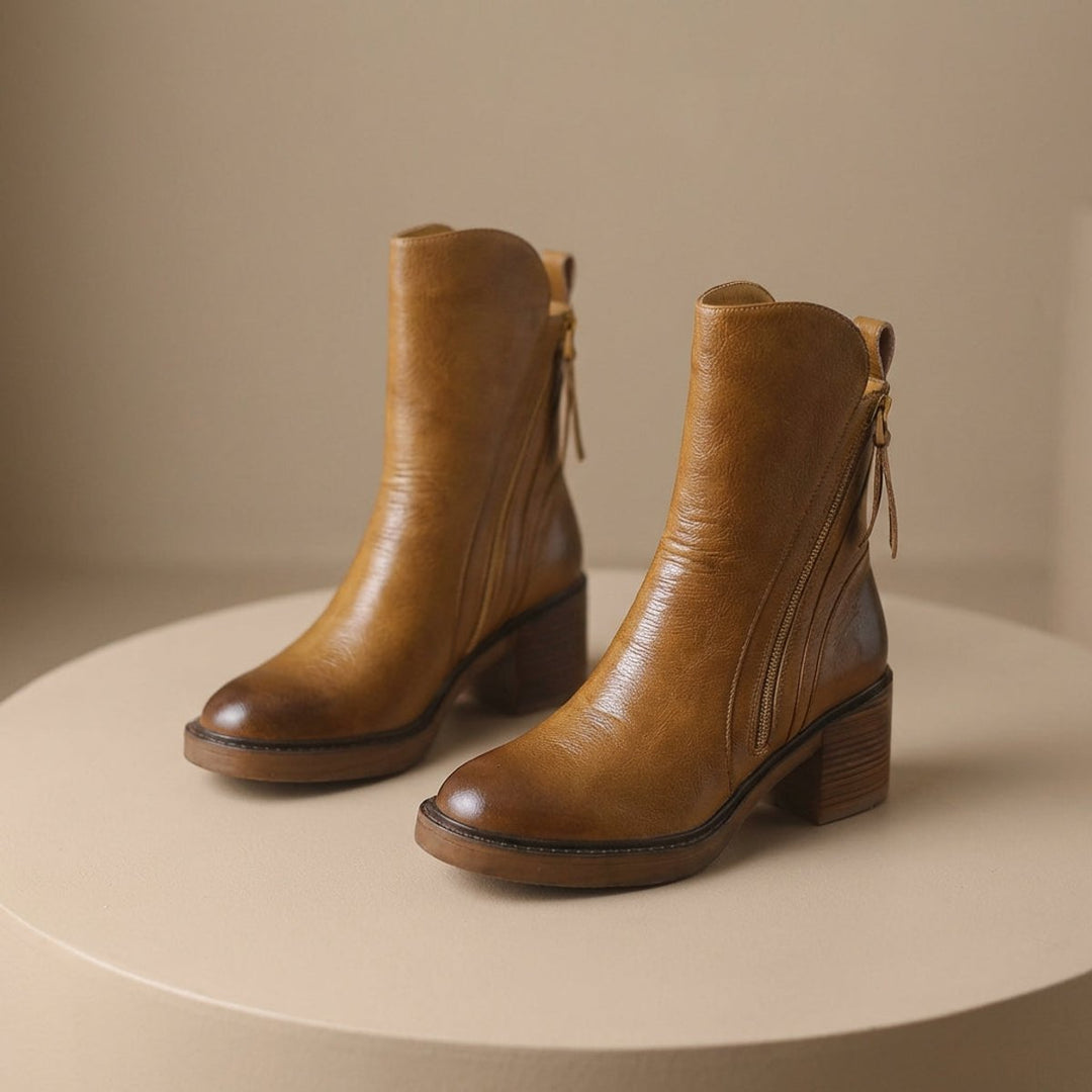Ella | Women's Leather Block-Heel Ankle Boots Side-Zip