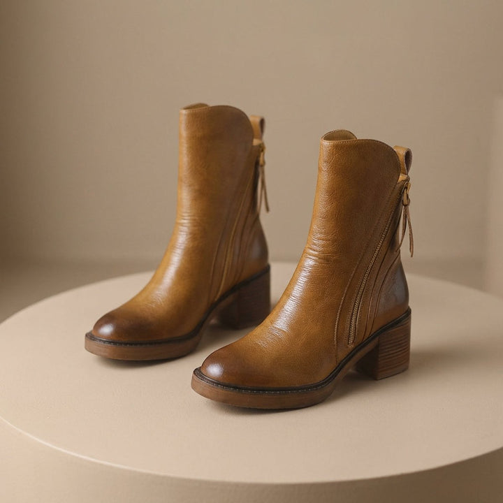 Ella | Women's Leather Block-Heel Ankle Boots Side-Zip