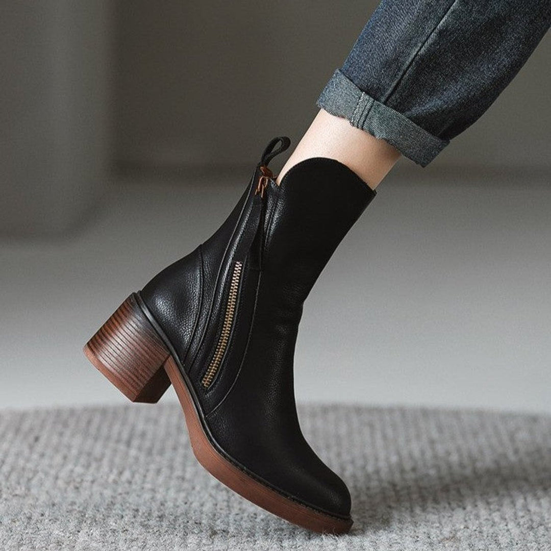 Ella | Women's Leather Block-Heel Ankle Boots Side-Zip