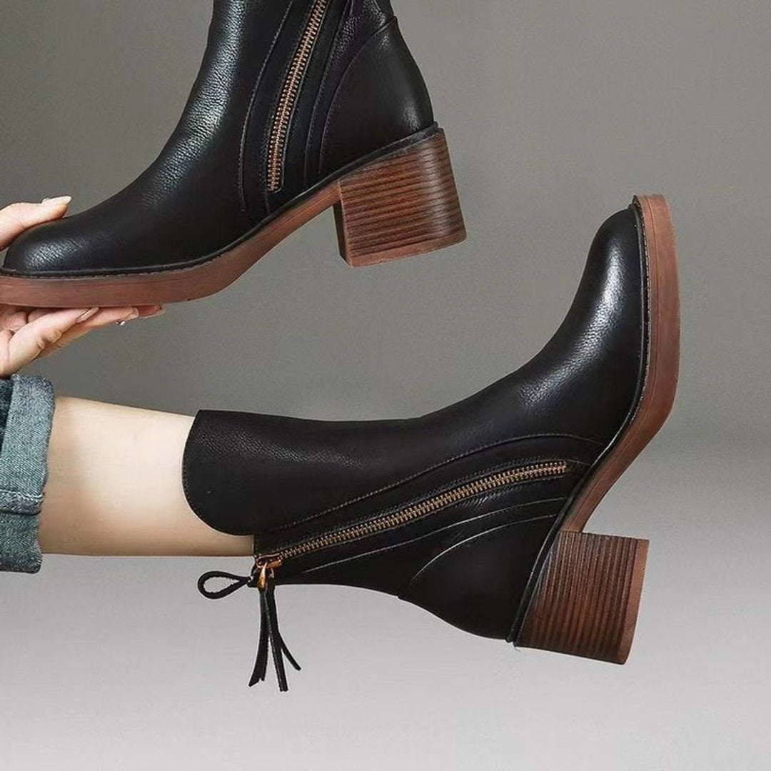 Ella | Women's Leather Block-Heel Ankle Boots Side-Zip