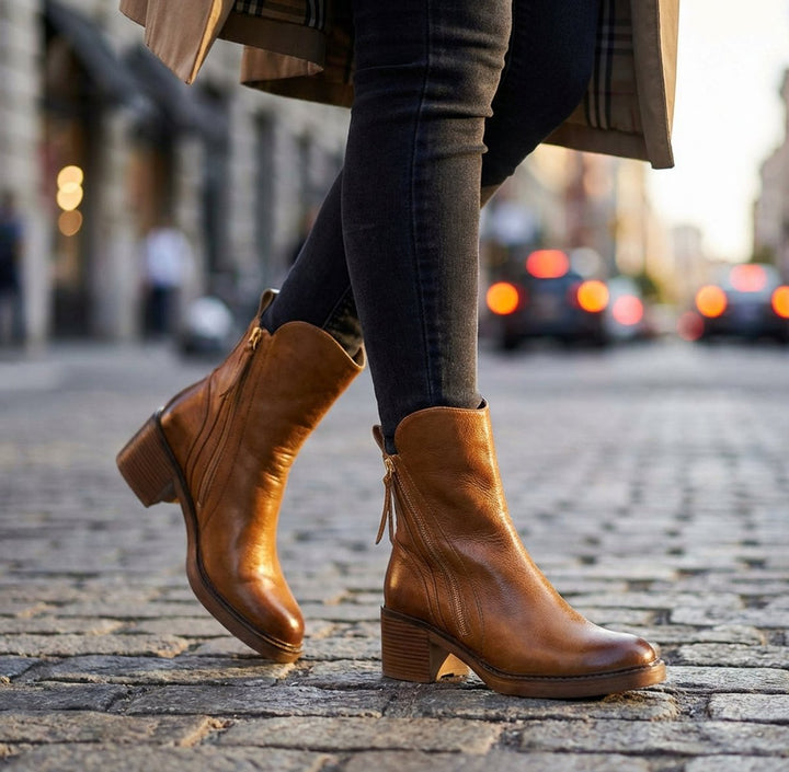 Ella | Women's Leather Block-Heel Ankle Boots Side-Zip
