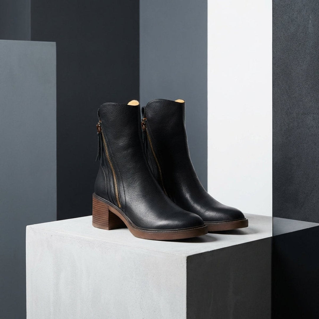 Ella | Women's Leather Block-Heel Ankle Boots Side-Zip
