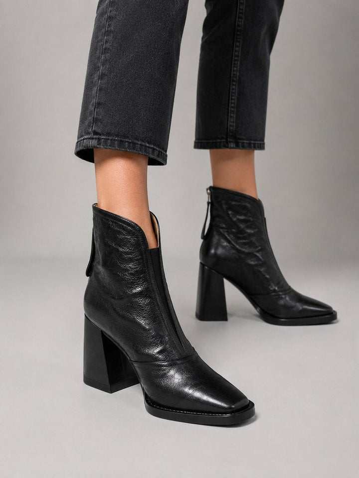 Willow | Women's Leather Block-Heel Ankle Boots Square-Toe Zip
