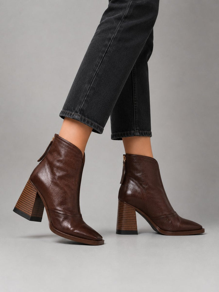 Willow | Women's Leather Block-Heel Ankle Boots Square-Toe Zip