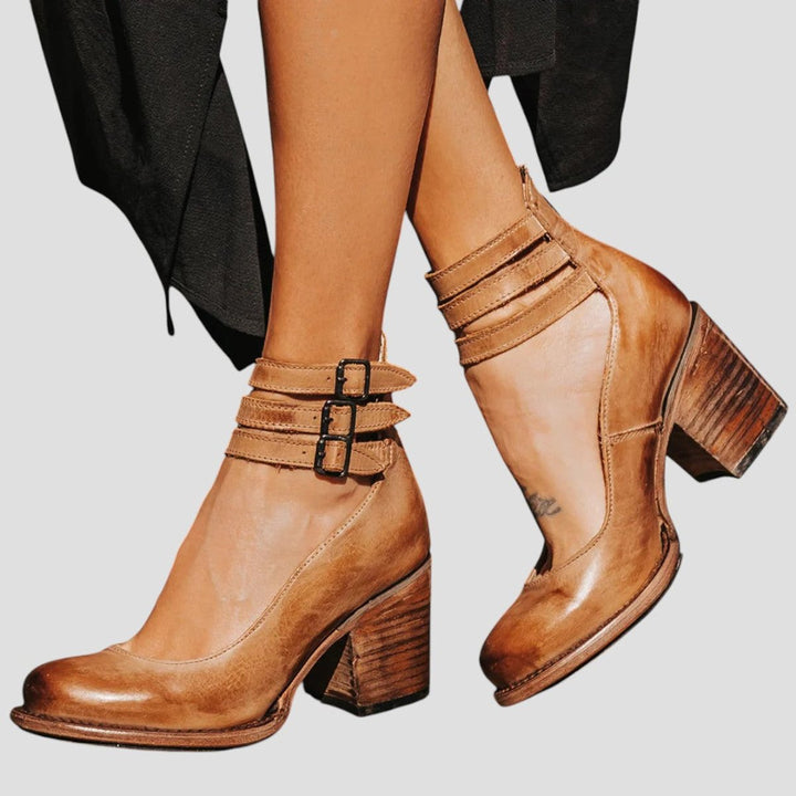 Mia | Women's Leather Block-Heel Ankle Boots Triple-Buckle Strap
