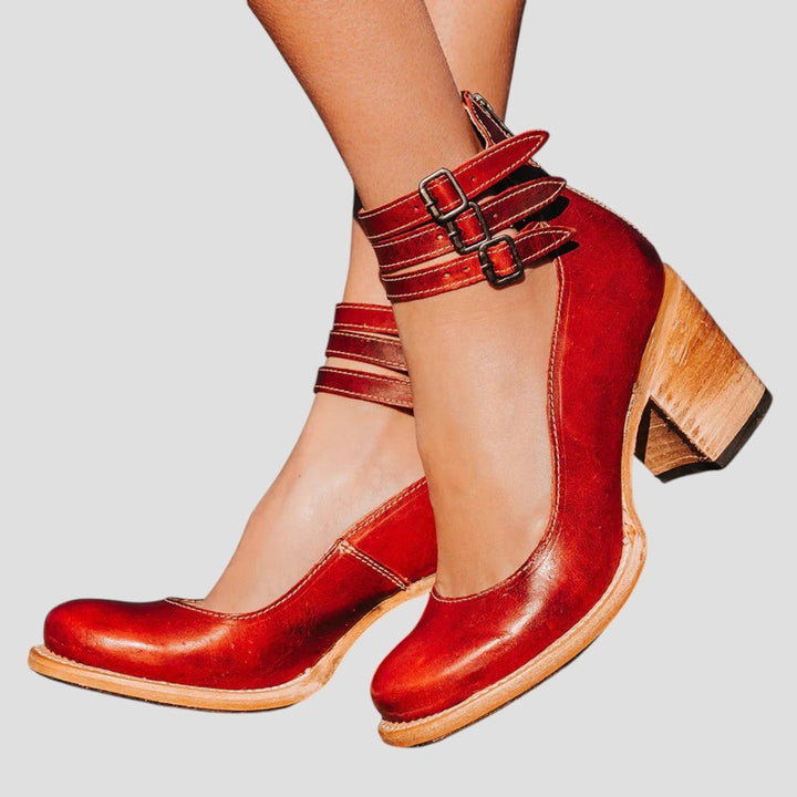 Mia | Women's Leather Block-Heel Ankle Boots Triple-Buckle Strap