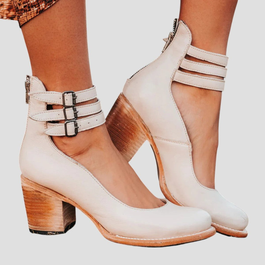 Mia | Women's Leather Block-Heel Ankle Boots Triple-Buckle Strap