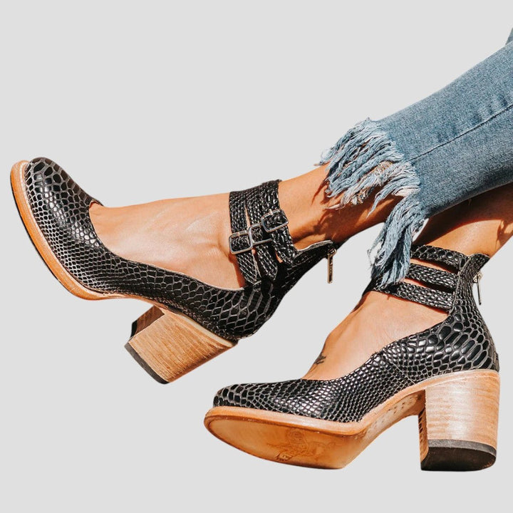 Mia | Women's Leather Block-Heel Ankle Boots Triple-Buckle Strap