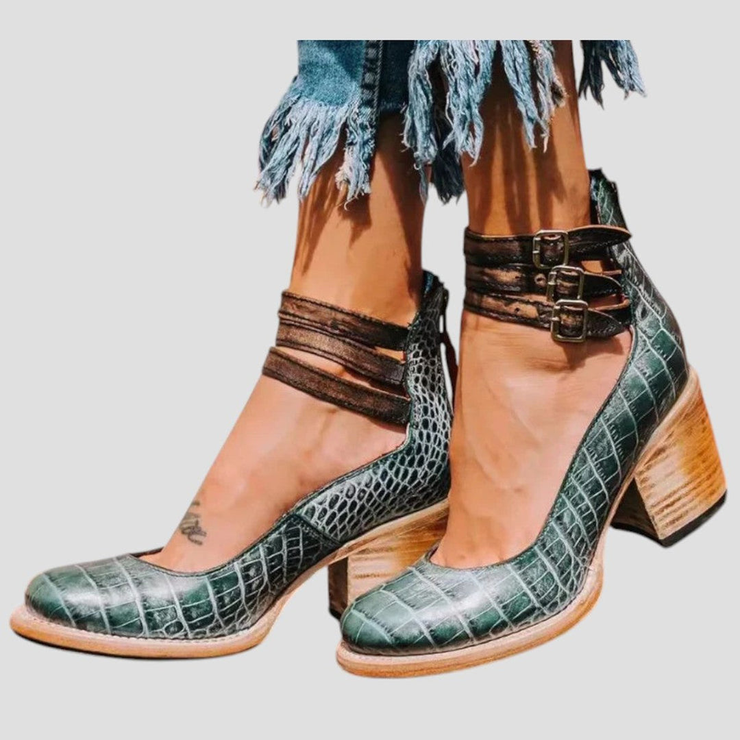 Mia | Women's Leather Block-Heel Ankle Boots Triple-Buckle Strap