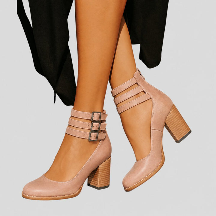 Mia | Women's Leather Block-Heel Ankle Boots Triple-Buckle Strap