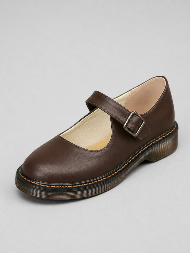Emily | Women's Leather Look Mary Jane Flat Shoes Buckle Strap Round Toe
