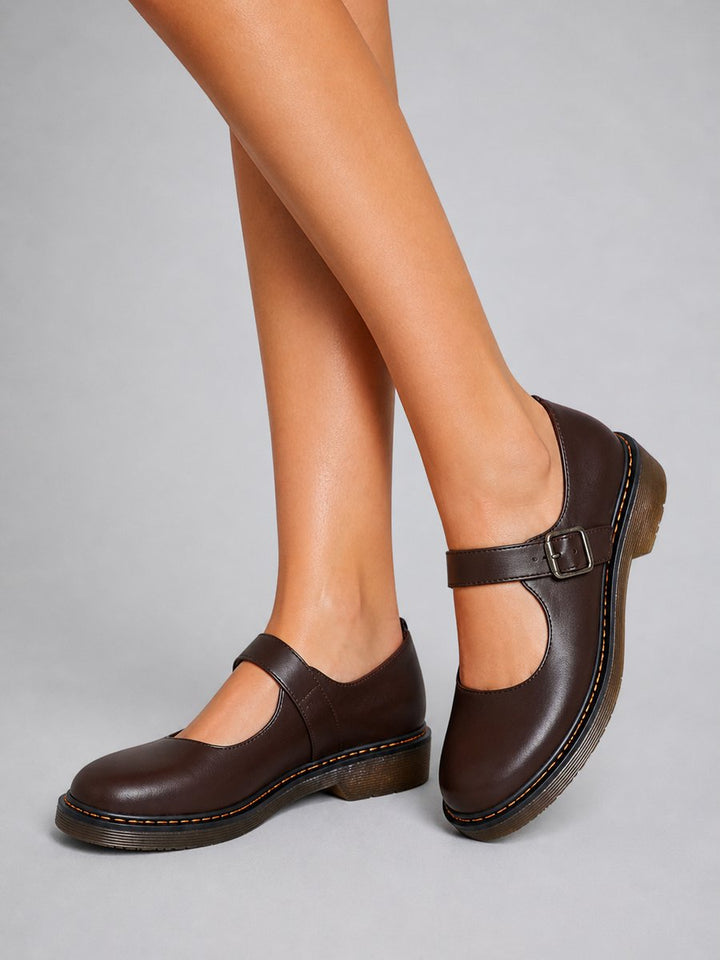 Emily | Women's Leather Look Mary Jane Flat Shoes Buckle Strap Round Toe